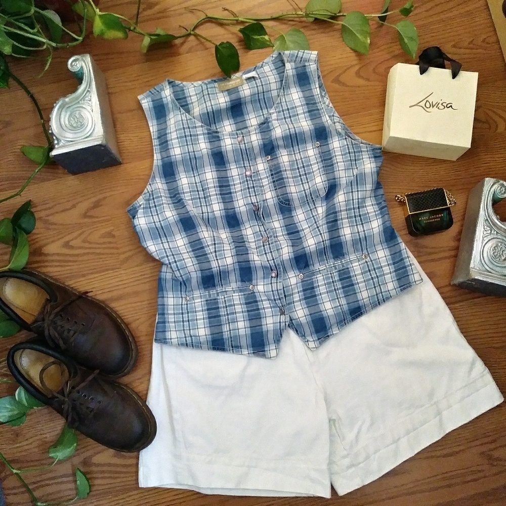 Blue Plaid Sleeveless Snap Button Top
